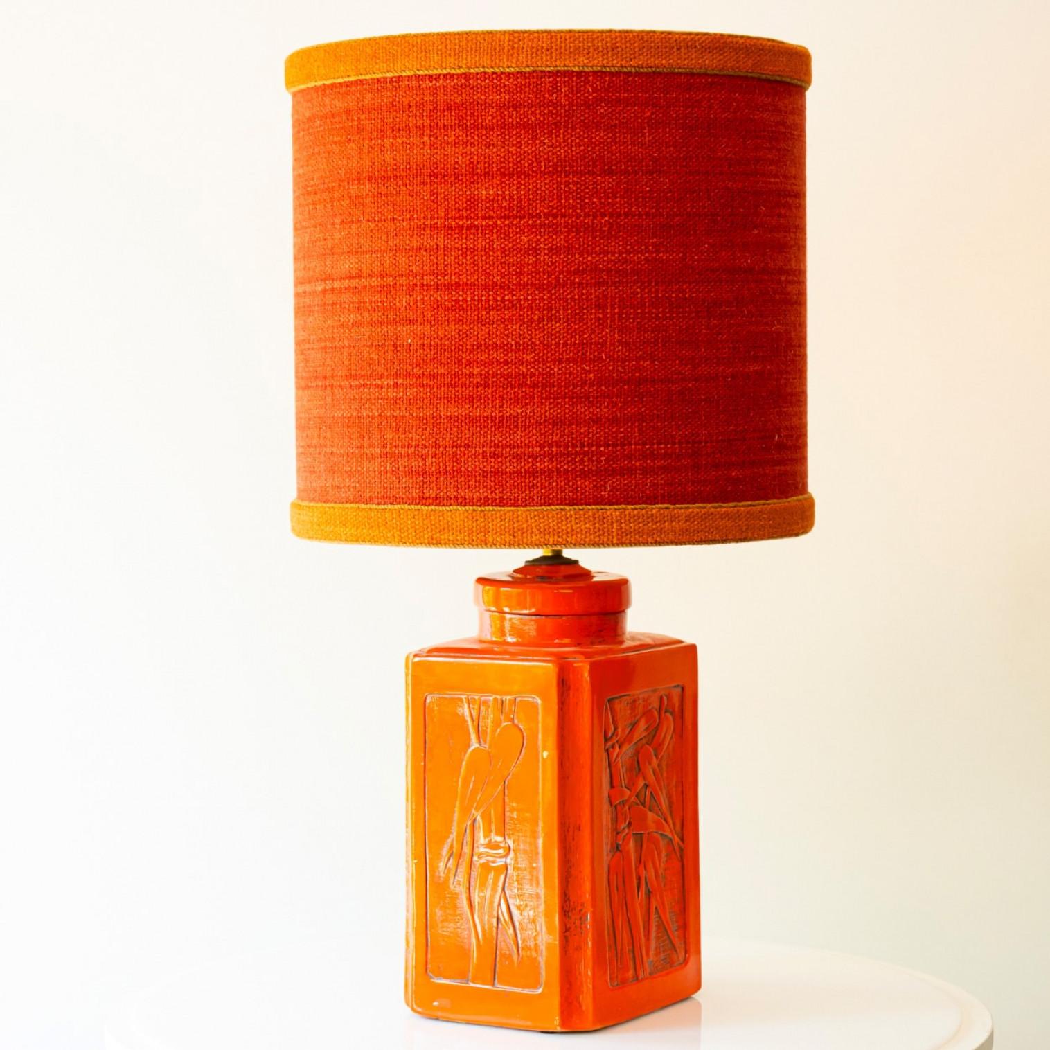 1 of the 3 Orange Red Floor Table Lamps, Custom Silk Lamp Shades by R. Houben In Good Condition For Sale In Rijssen, NL