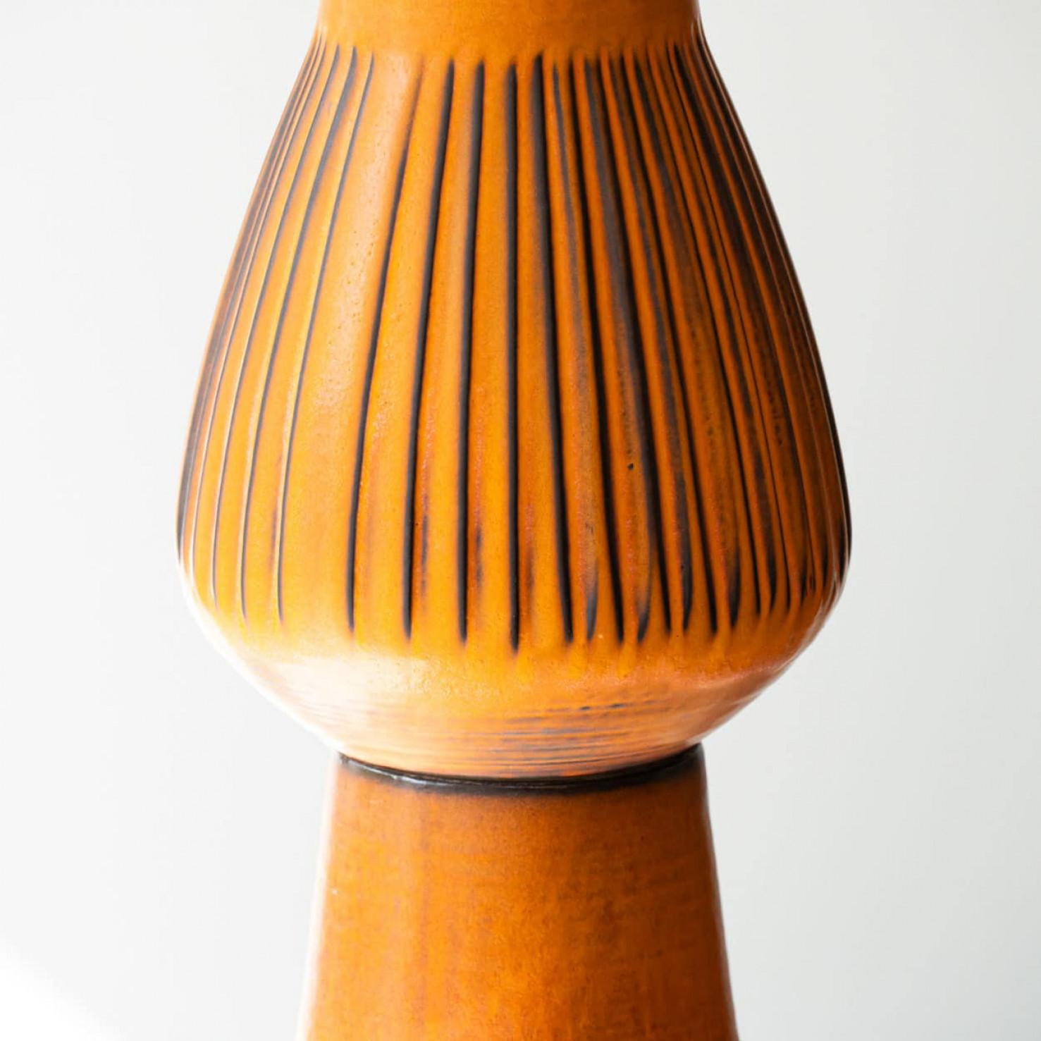 Ceramic 1 of the 3 Orange Red Floor Table Lamps, Custom Silk Lamp Shades by R. Houben For Sale