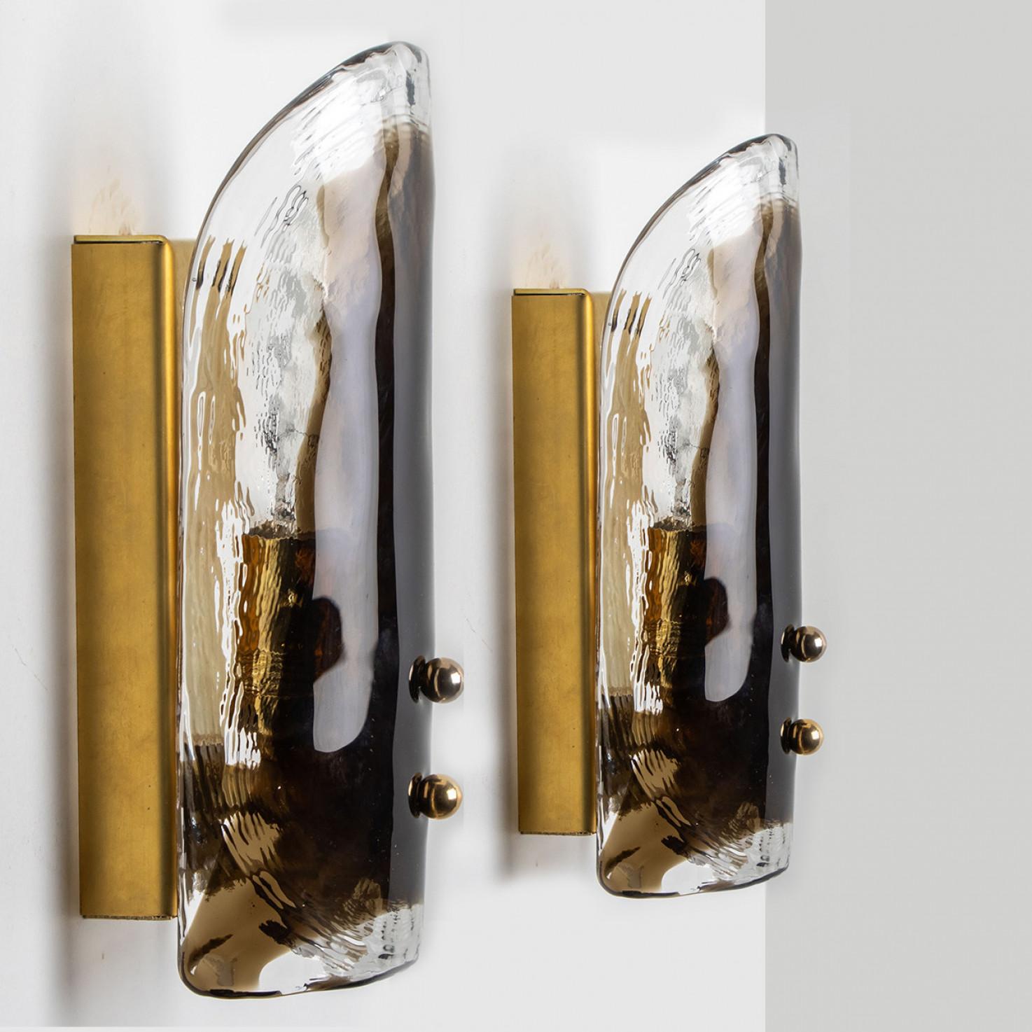 Mid-20th Century 1 of the 3 Pairs Brass and Hand Blown Murano Glass Wall Lights by J.T. Kalmar, 1 For Sale
