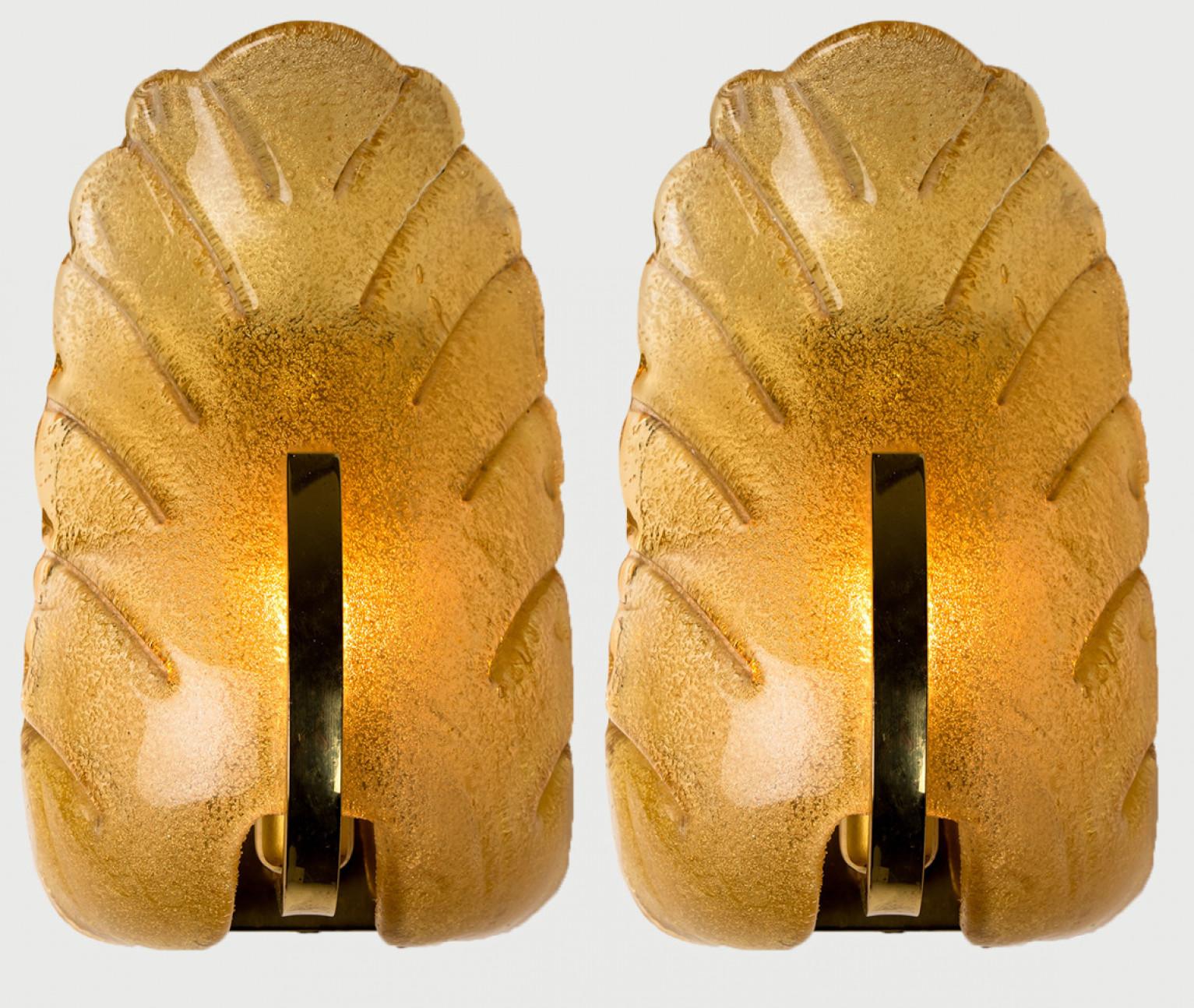 Brass 1 of the 3 Pairs of Glass Leaf Wall Scones by Fagerlund for Orrefors, 1960 For Sale