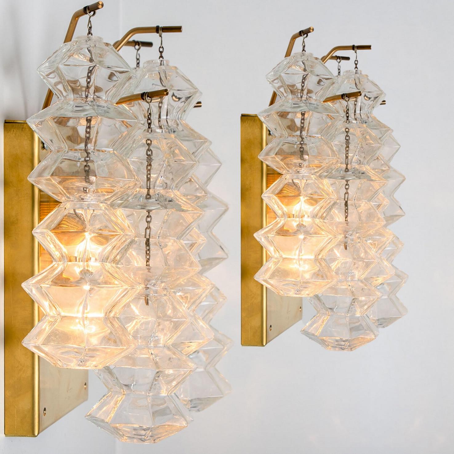 1 of the 3 Pairs of Pagoda Brass and Glass Sconces Wall Lights by Kalmar, Vienna For Sale 6