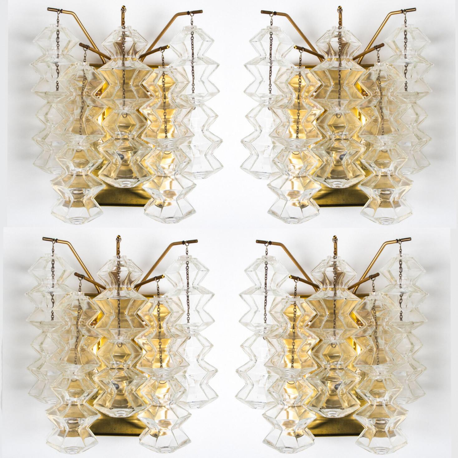 Mid-Century Modern 1 of the 3 Pairs of Pagoda Brass and Glass Sconces Wall Lights by Kalmar, Vienna For Sale
