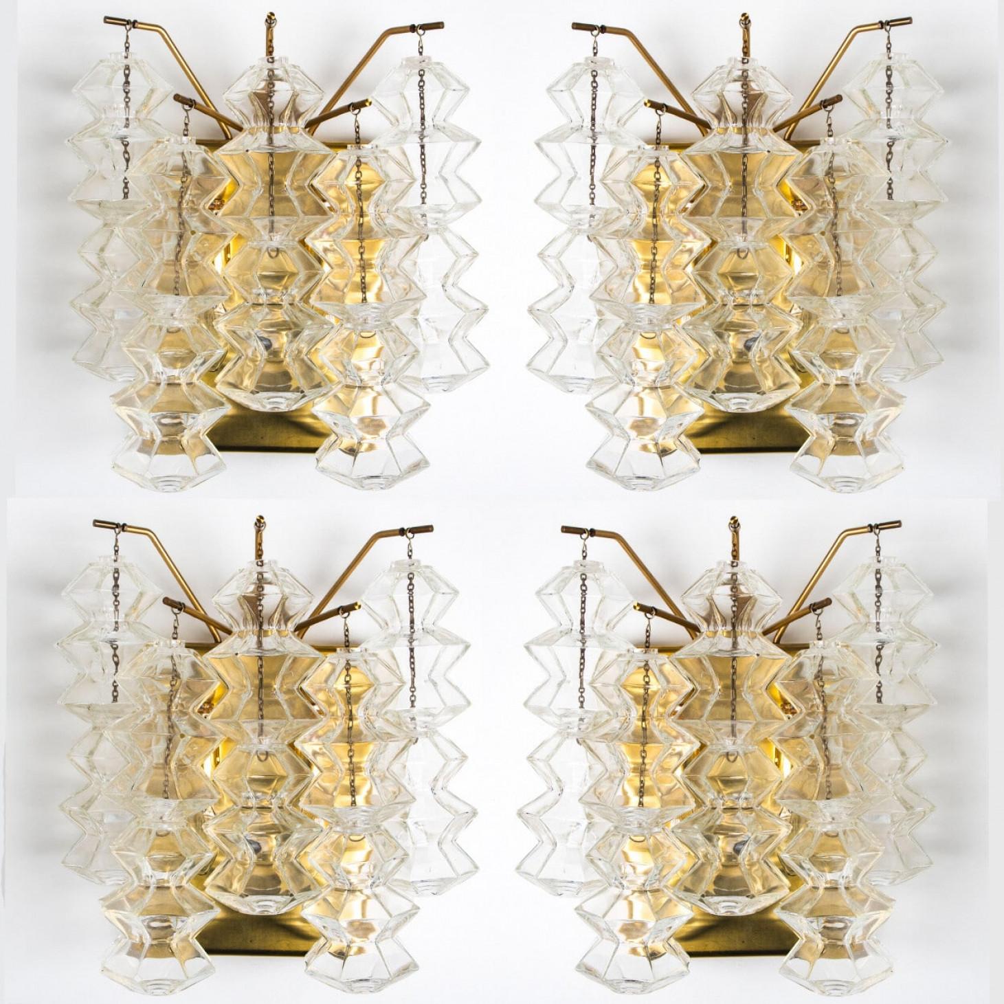 Mid-Century Modern 1 of the 3 Pairs of Pagoda Brass and Glass Sconces Wall Lights by Kalmar, Vienna For Sale