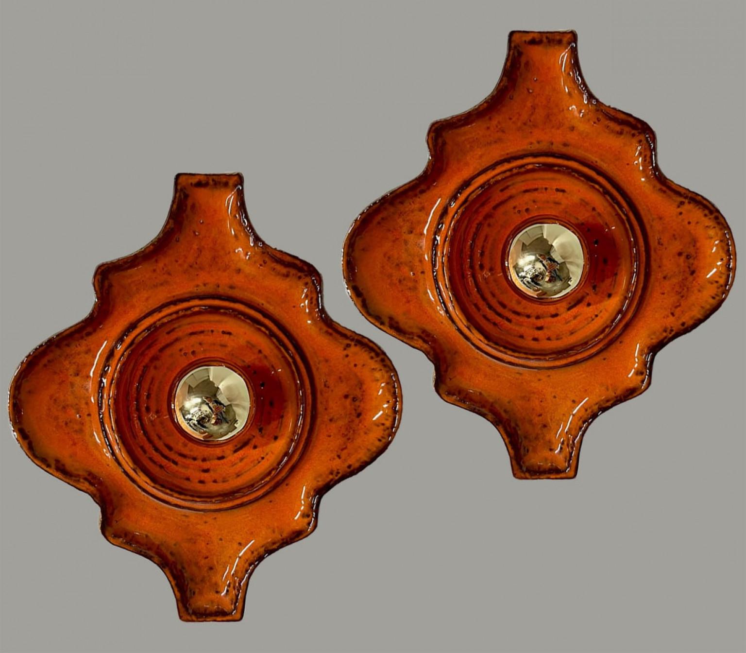 20th Century 1 of the 3 Pairs, Orange Brown, Ceramic Wall Lights, Germany For Sale