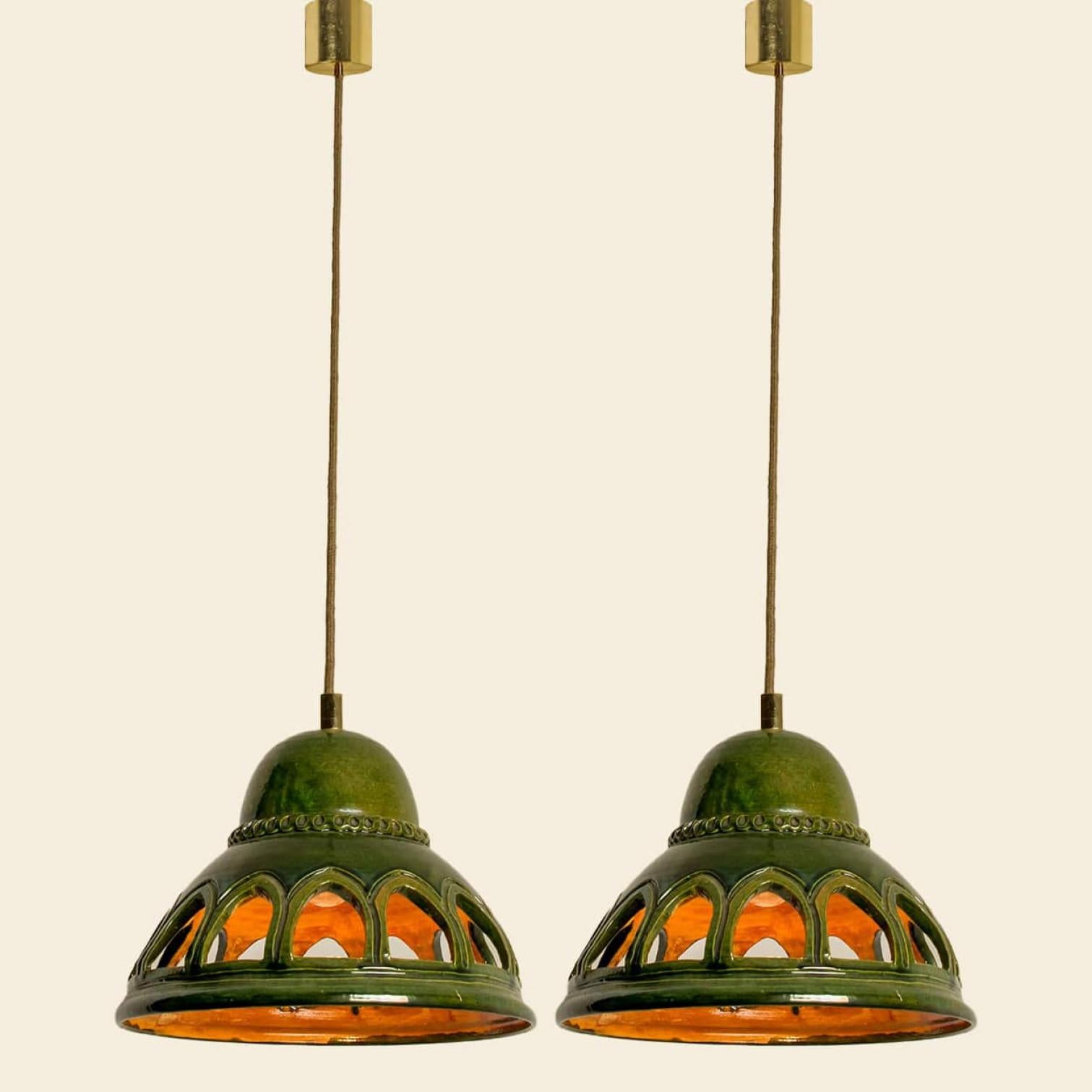 1 of the 3 Round Green Glazed Ceramic Pendant Lights, Germany, 1970s For Sale 4