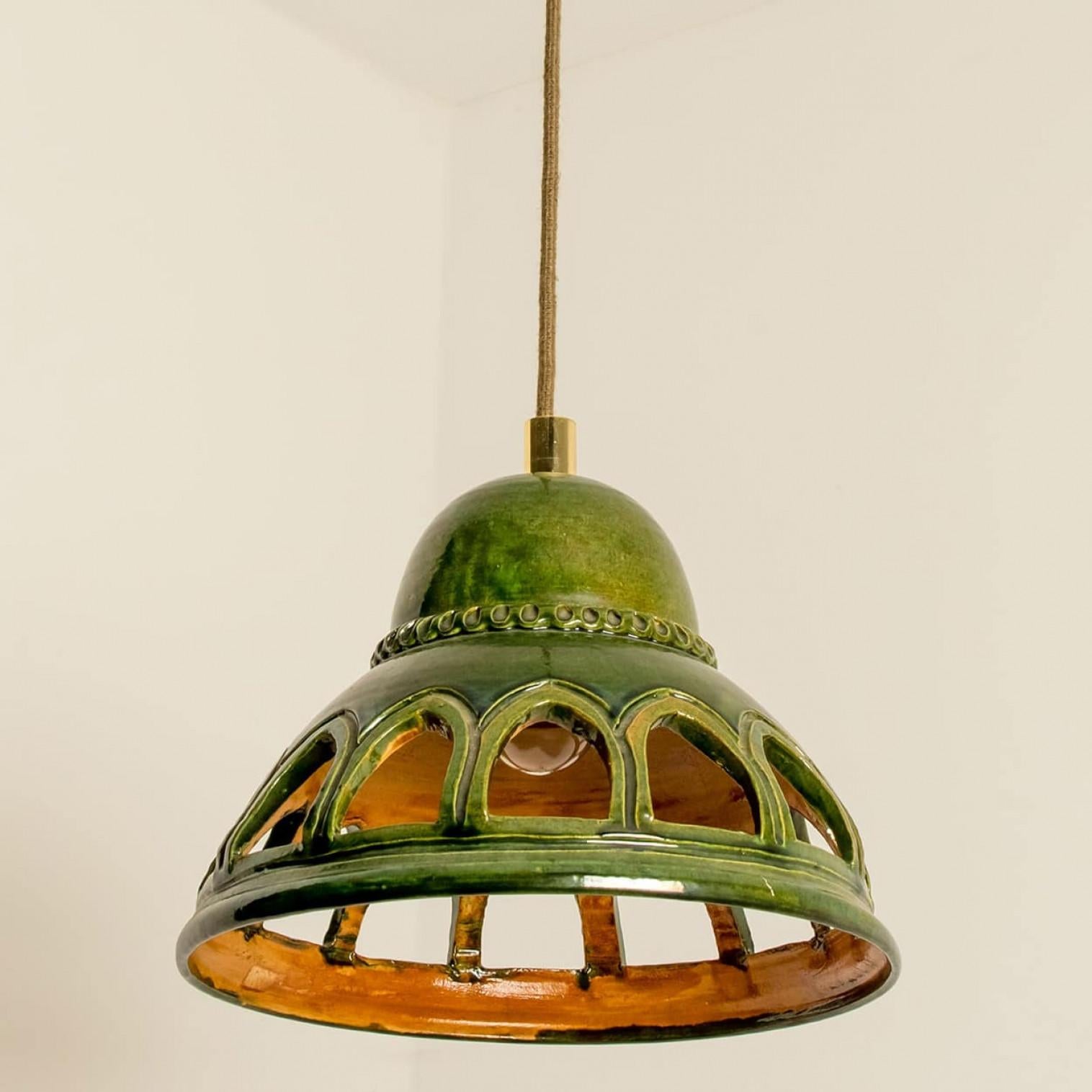 1 of the 3 Round Green Glazed Ceramic Pendant Lights, Germany, 1970s For Sale 9