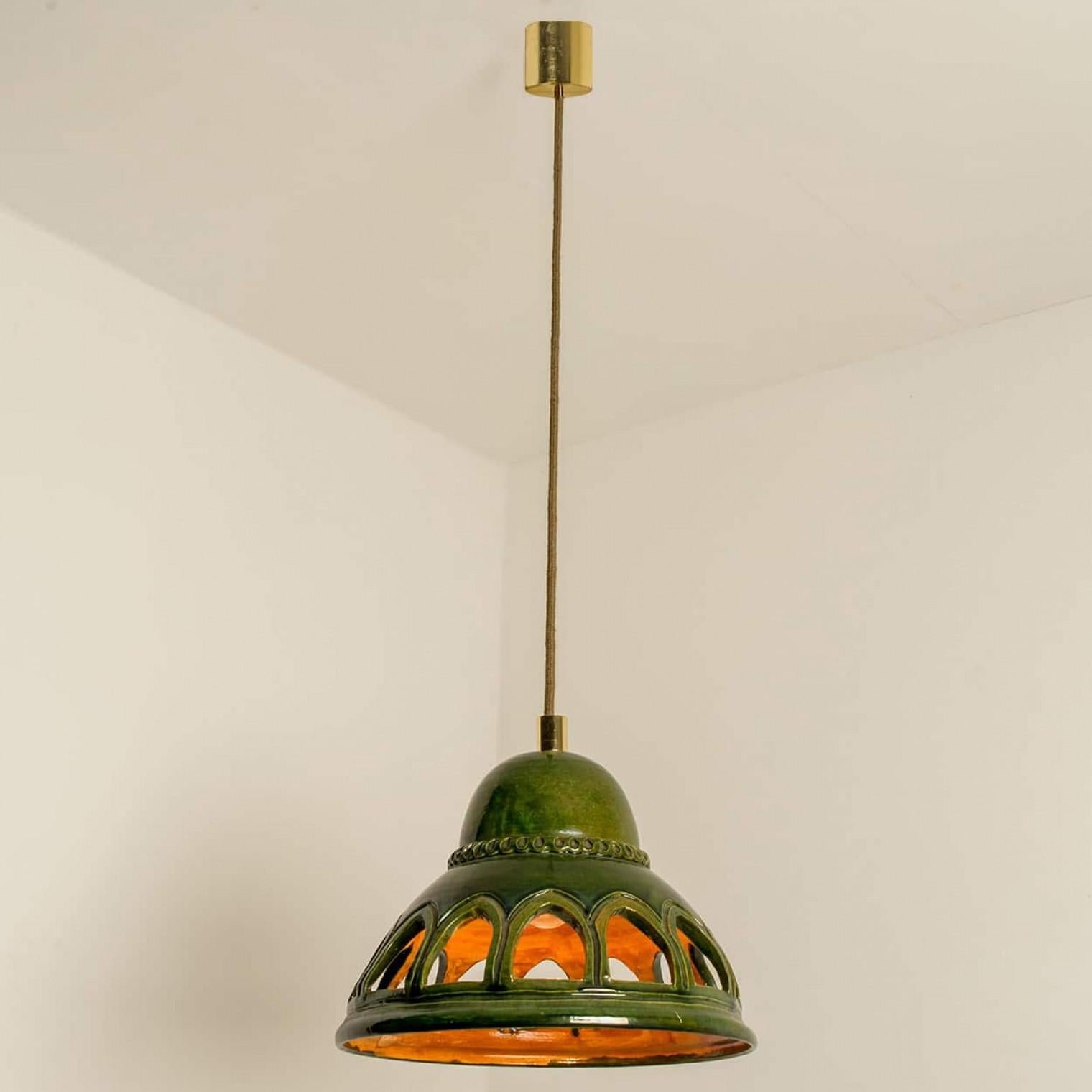 1 of the 3 Round Green Glazed Ceramic Pendant Lights, Germany, 1970s For Sale 10