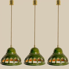 1 of the 3 Round Green Glazed Ceramic Pendant Lights, Germany, 1970s