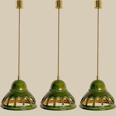 1 of the 3 Round Green Glazed Ceramic Pendant Lights, Germany, 1970s