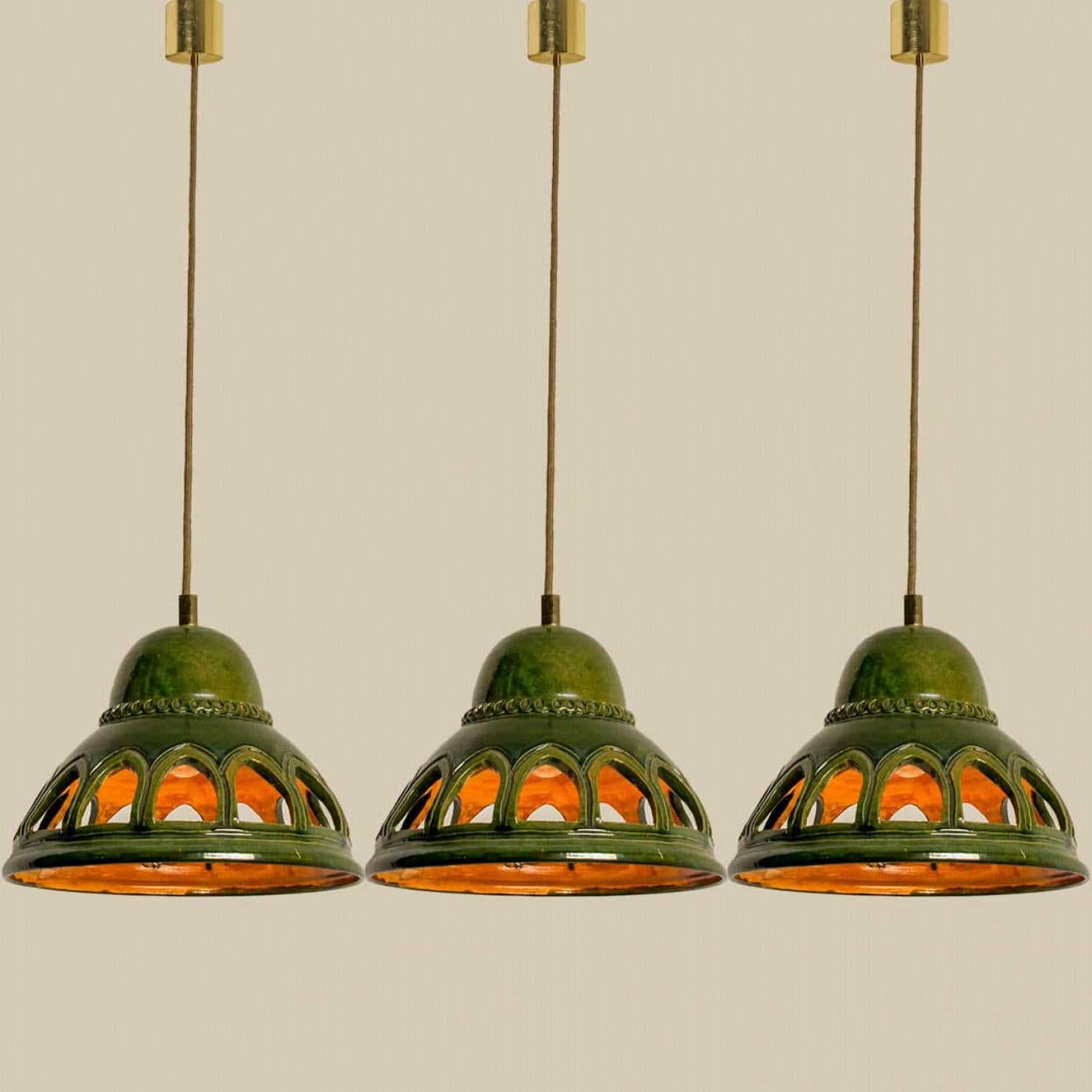 1 of the 3 Round Green Glazed Ceramic Pendant Lights, Germany, 1970s For Sale 2