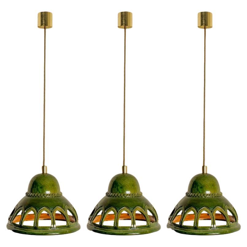 1 of the 3 Round Green Glazed Ceramic Pendant Lights, Germany, 1970s For Sale