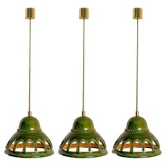 1 of the 3 Round Green Glazed Ceramic Pendant Lights, Germany, 1970s