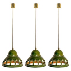 1 of the 3 Round Green Glazed Ceramic Pendant Lights, Germany, 1970s
