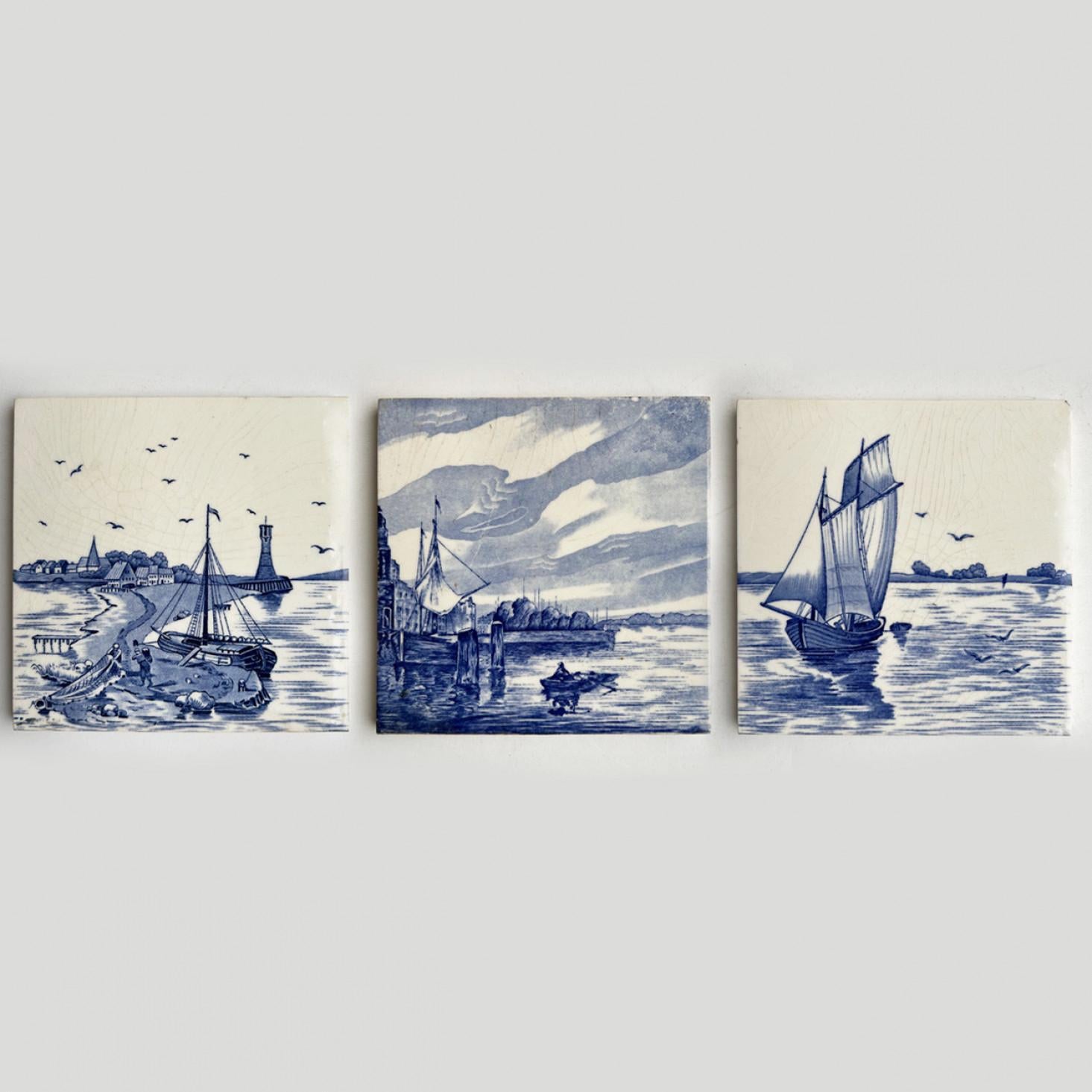1 der 3 Sets von 8 glasierten, gemischten blauen Landschaftsfliesen mit Kacheln, 1940 im Angebot 3