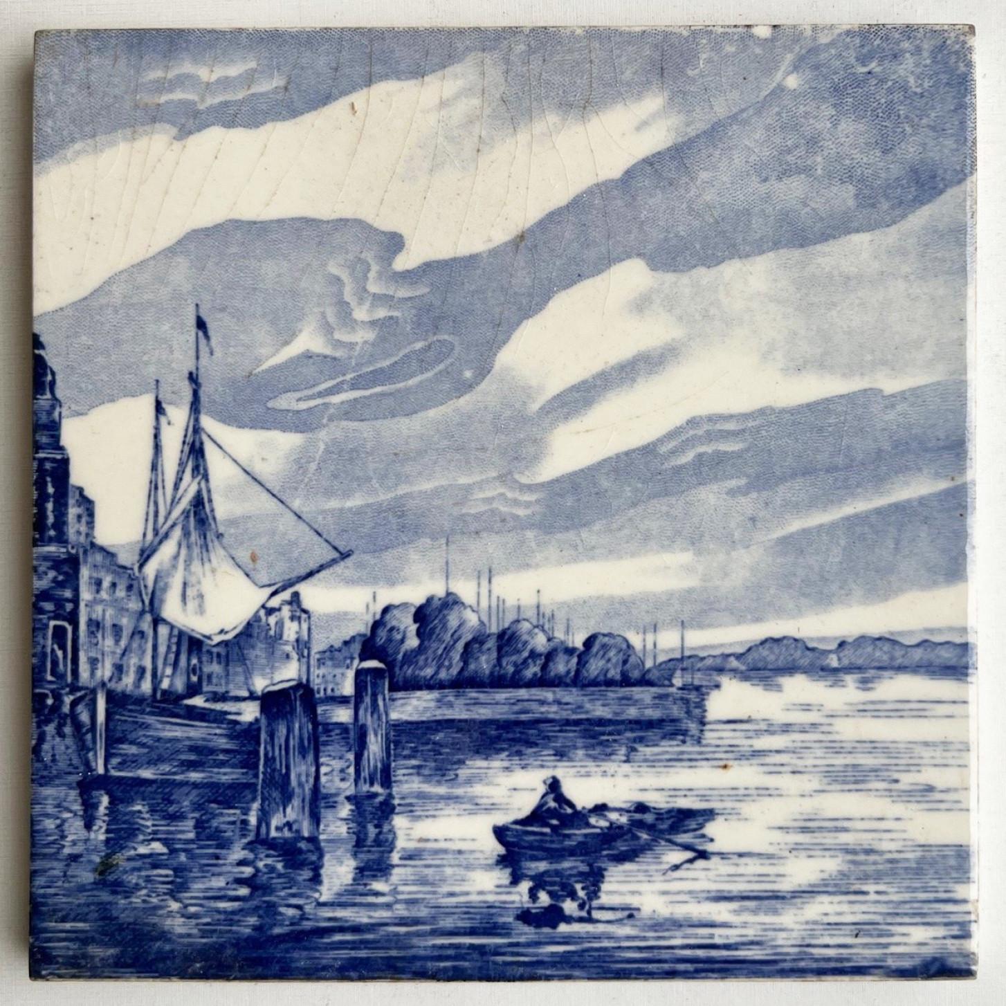 1 of the 3 Sets of 8 Mixed Blue Landscape Glazed Tiles, 1940 For Sale 5