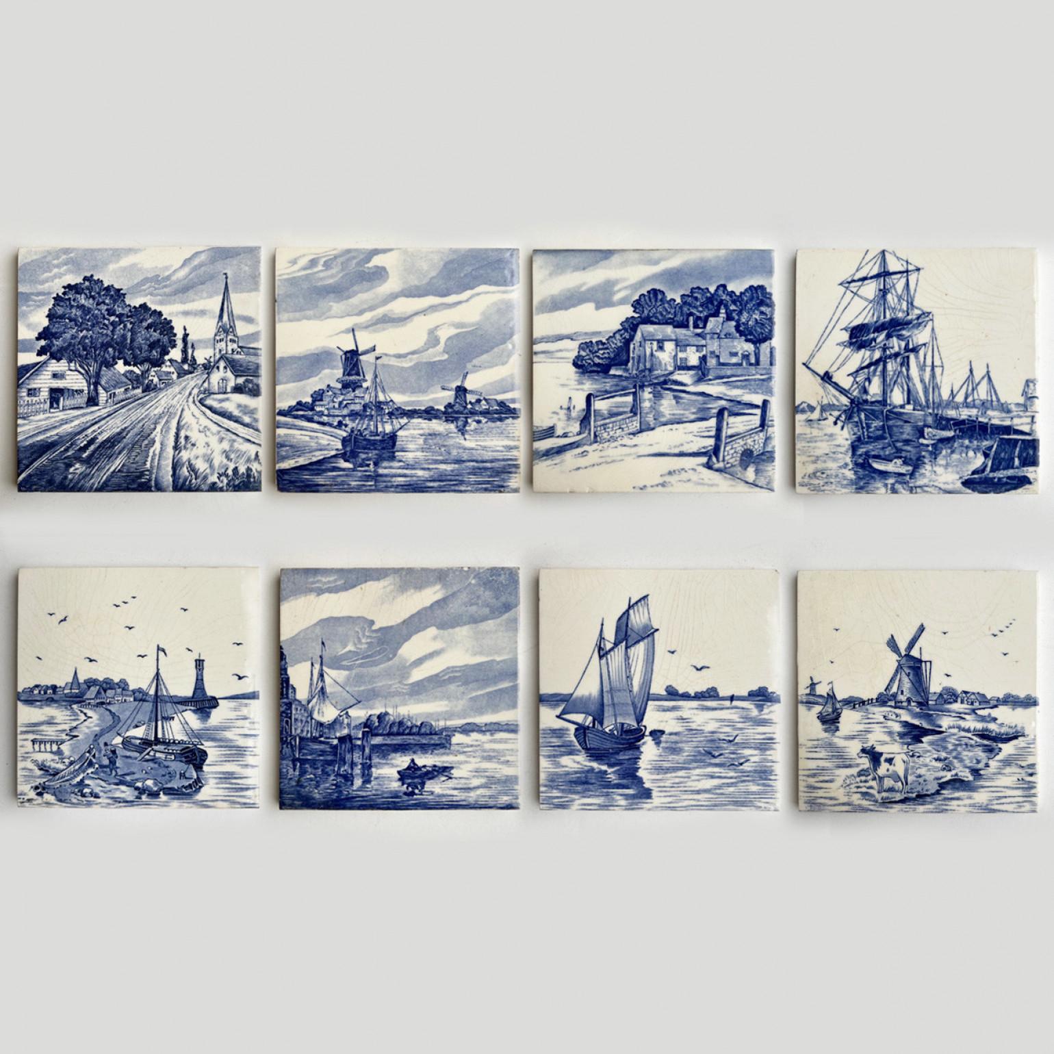 Handmade tiles in beautiful blue colors that mix perfect together.
The tiles are manufactured around 1920 by Nord Deutsche Steingutfabrik AG, Germany.
These tiles would be charming displayed on easels, framed or incorporated into a custom tile