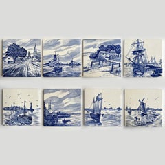 1 of the 3 Sets of 8 Mixed Blue Landscape Glazed Tiles, 1940