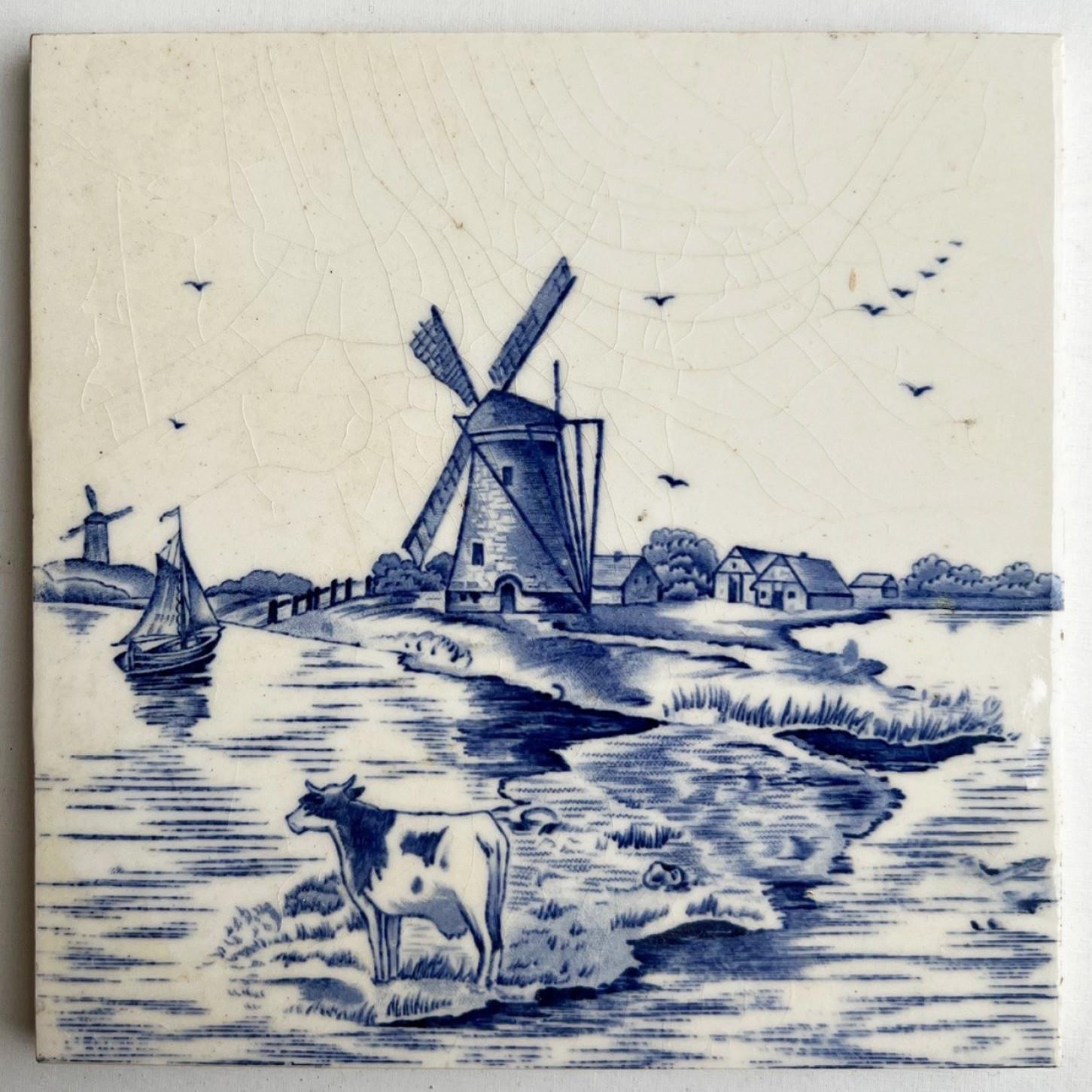 Other 1 of the 3 Sets of 8 Mixed Blue Landscape Glazed Tiles, 1940 For Sale