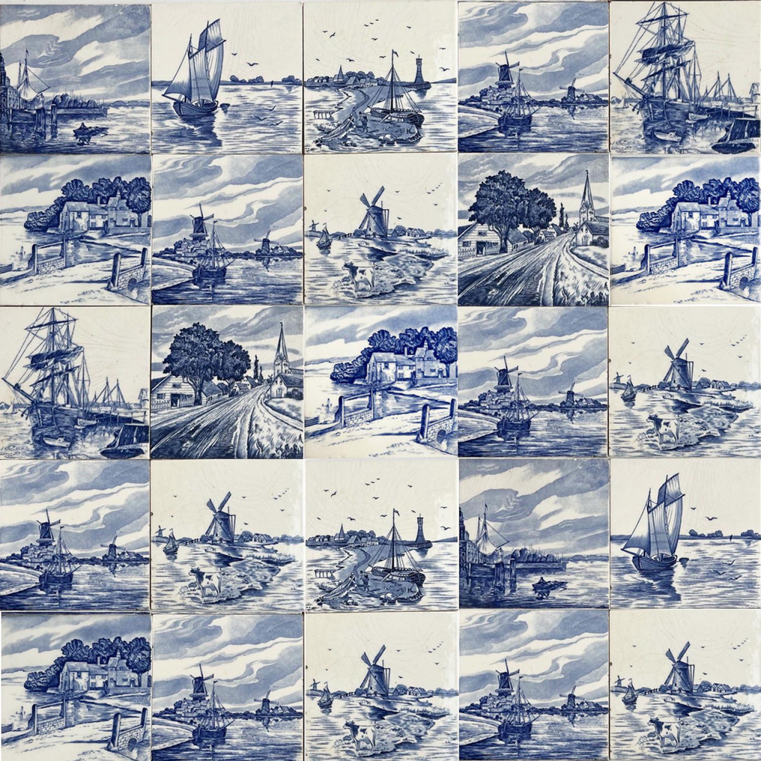 1 der 3 Sets von 8 glasierten, gemischten blauen Landschaftsfliesen mit Kacheln, 1940 (Keramik) im Angebot