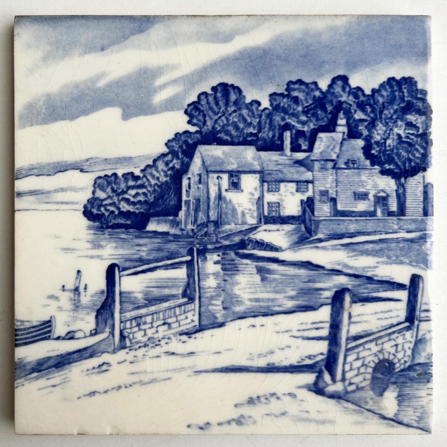 1 of the 3 Sets of 8 Mixed Blue Landscape Glazed Tiles, 1940 For Sale 1