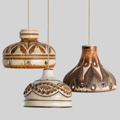1 of the 3 Stunning Ceramic Brown Beige Pendants, Denmark 1960s