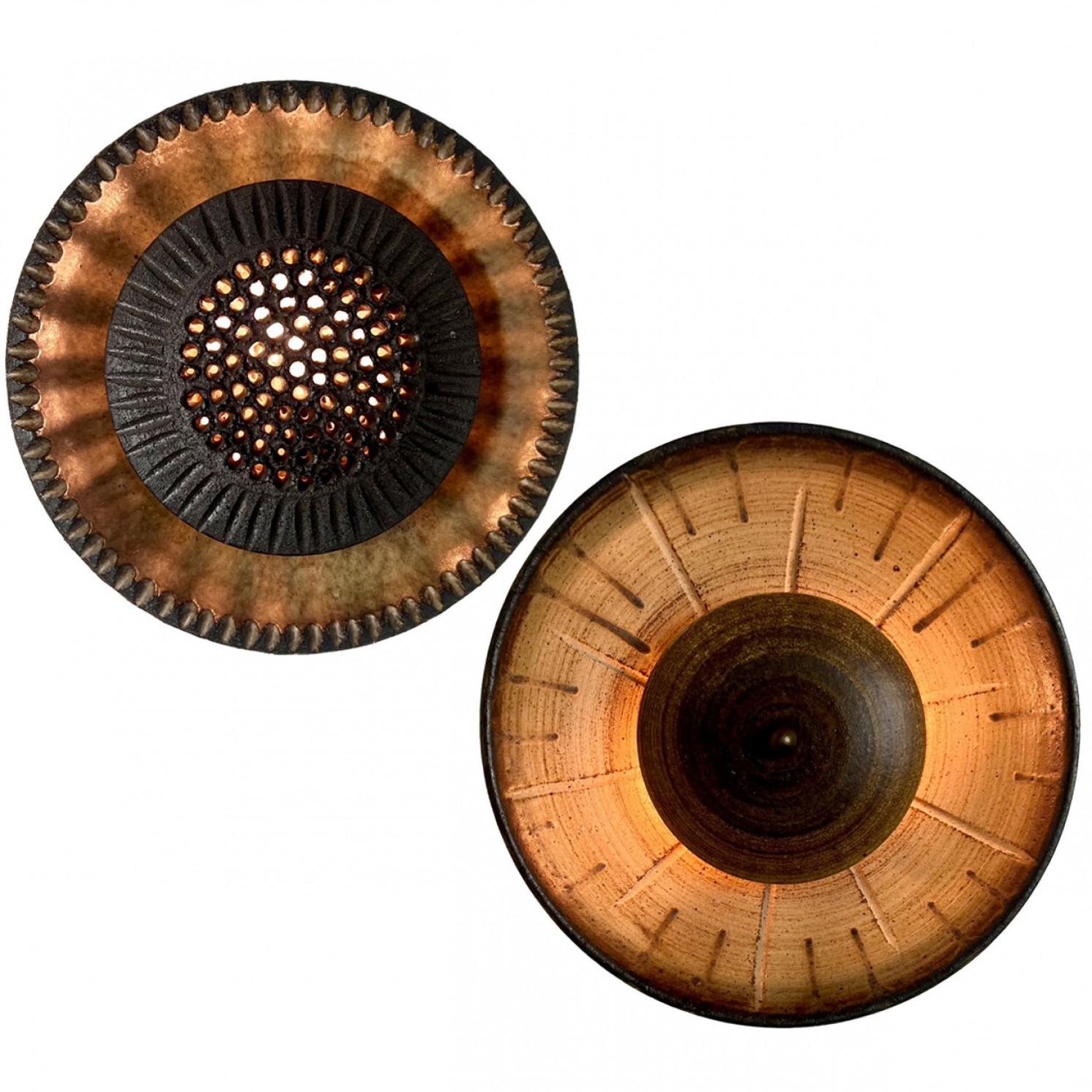 One of the three spectacular circular ceramic wall lights, with beautiful  accents. Manufactured in Denmark in the 1970s.

A unique and playful set, statement pieces.

Two lamps are Labelled and signed by Axella, in excellent condition. Axella was