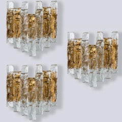 1 of the 3 Textured Ice glass Brass Wall Lights Kalmar, 1970s