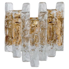 1 of the 3 Textured Ice glass Brass Wall Lights Kalmar, 1970s