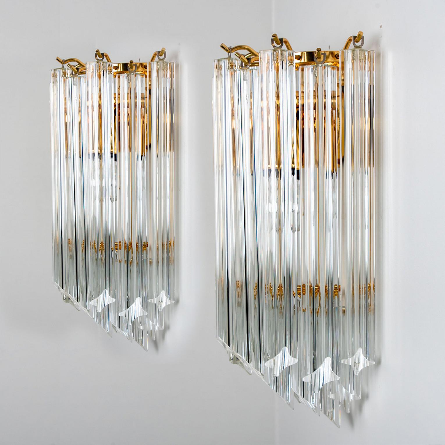 20th Century 1 of the 3 Venini Style Triedroglass Tree Tears Clear Gold Glass Brass Sconces For Sale