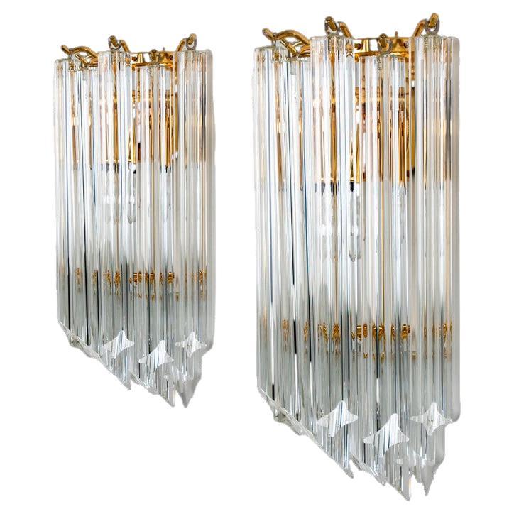 1 of the 3 Venini Style Triedroglass Tree Tears Clear Gold Glass Brass Sconces For Sale