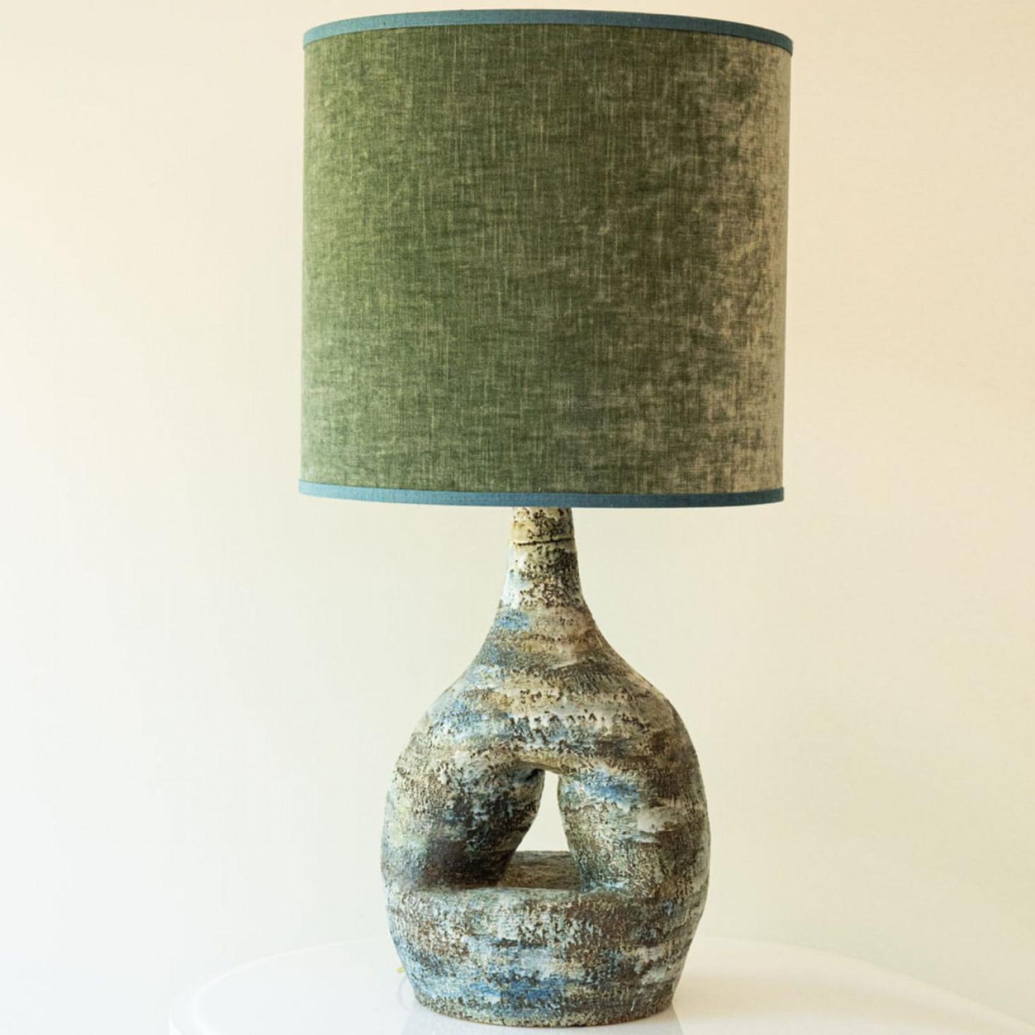 Brutalismo 1 of the 3 XL Ceramic Floor Table Lamps, Custom Silk Lamp Shades by R. Houben in vendita