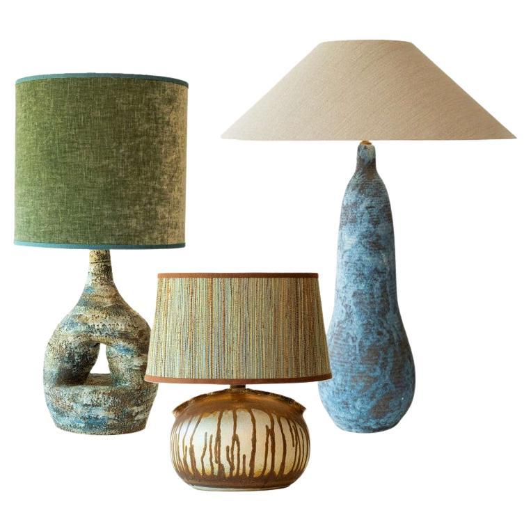 1 of the 3 XL Ceramic Floor Table Lamps, Custom Silk Lamp Shades by R. Houben