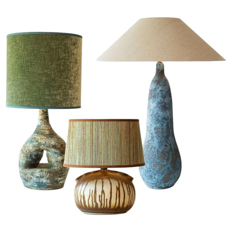 1 of the 3 XL Ceramic Floor Table Lamps, Custom Silk Lamp Shades by R. Houben