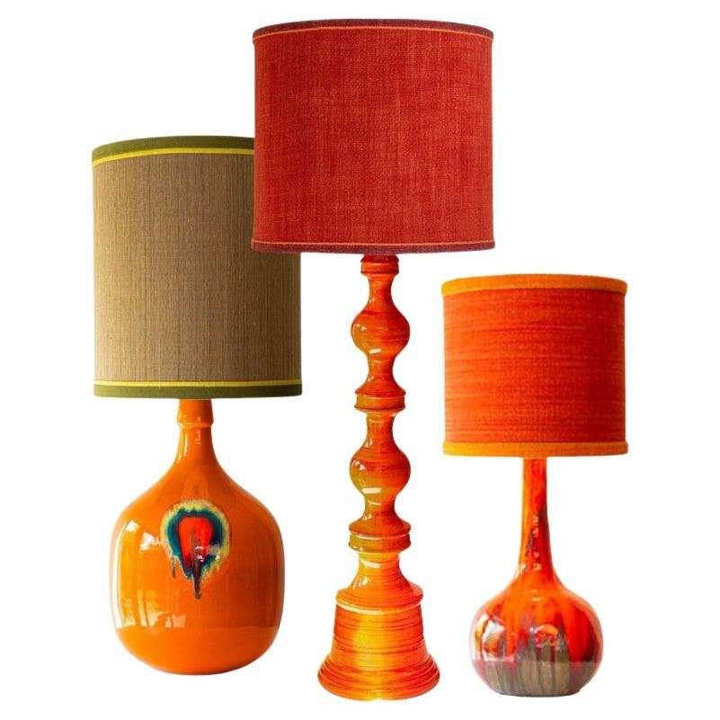 1 of the 3 XL Orange Red Floor Table Lamps, Custom Silk Shades by R. Houben
