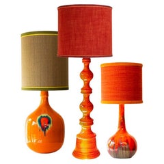 1 of the 3 XL Orange Red Floor Table Lamps, Custom Silk Shades by R. Houben