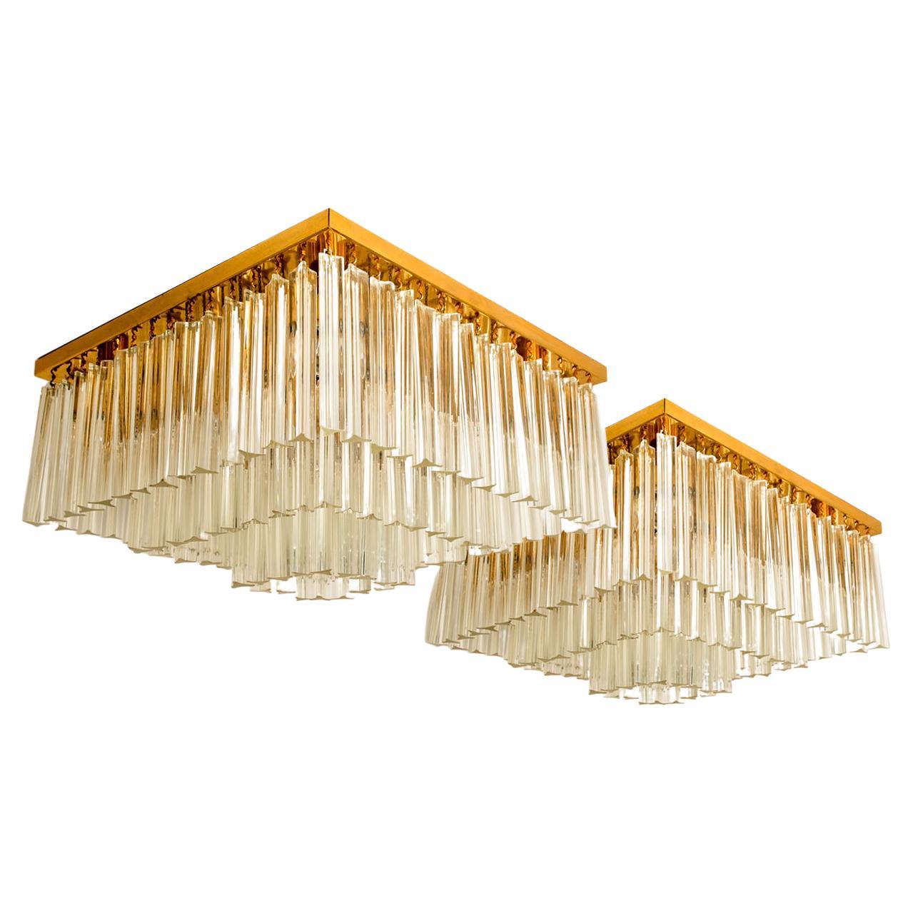 Mid-Century Modern 1 of the 3 XL Square 3-Tiers Venini Gilt-Plated Flush Mounts, 1970, Italy For Sale