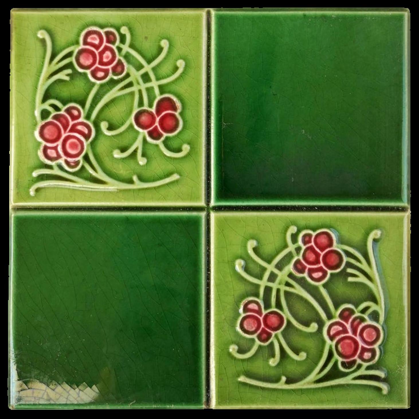 1 of the 30 amazing tiles in rich green and bright pink colors. Each tile is divided into four faces. Manufactured around 1925 by Gilliot Frères, Hemiksem, Belgium. These tiles would be charming displayed on easels, framed or incorporated into a