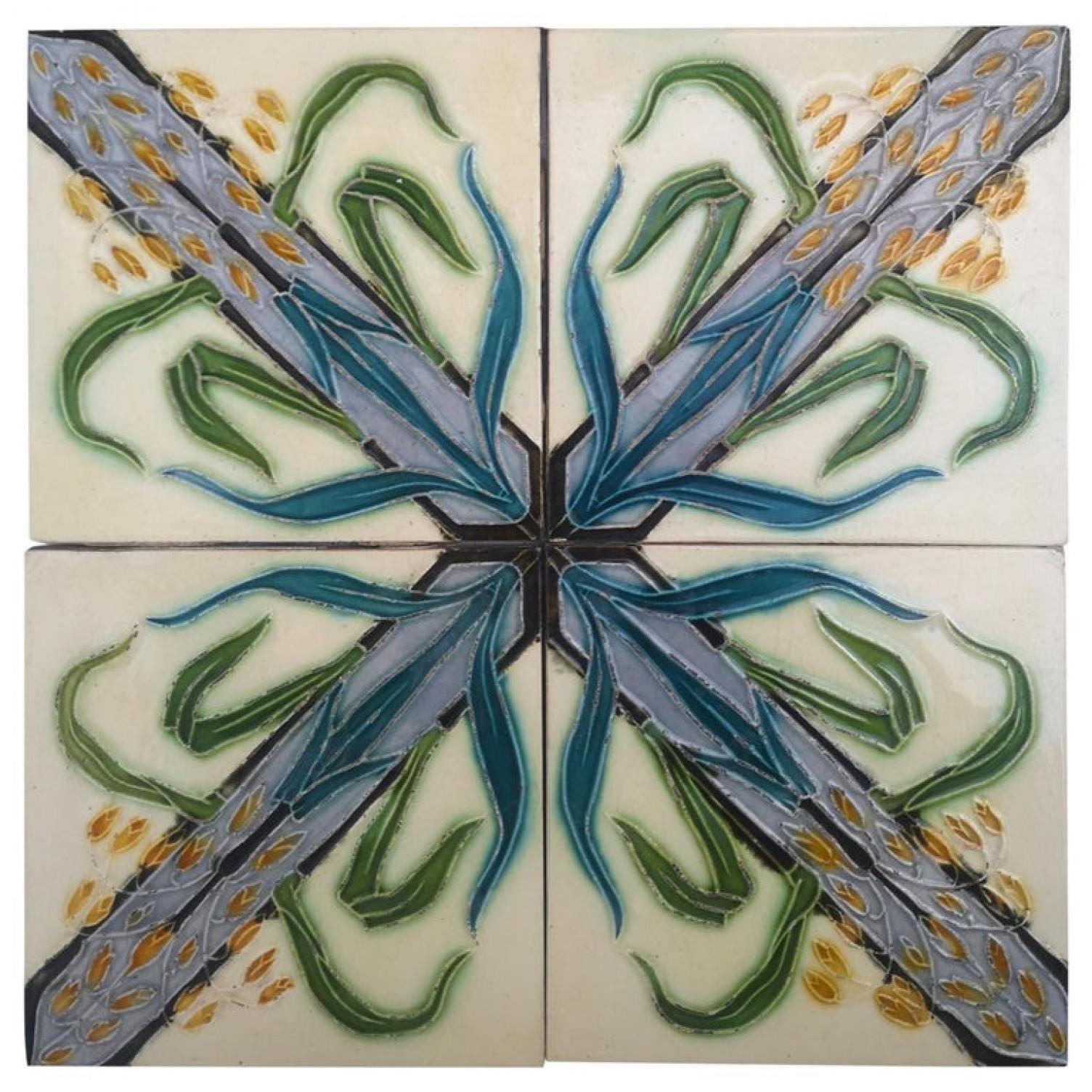 11 of the 30 sets of 4 f unique antique tiles, with a beautiful Art Deco pattern manufactured around 1930 by Céramiques d 'Hemixem, Gilliot Frères, circa 1940, Belgium.

The dimensions per tile are Size each tile: 6 inches (15.2 cm) width x 6 inches