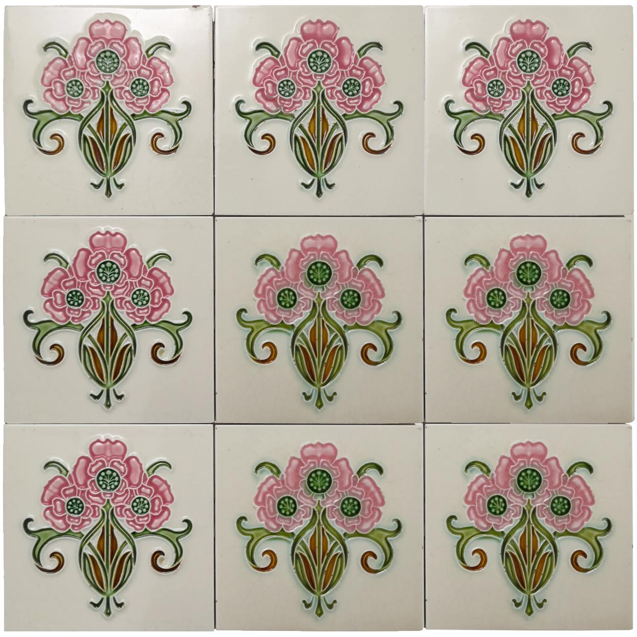 This is an amazing set of antique Art Nouveau handmade tiles. A beautiful relief and a rich rose green, brown and creme color. These tiles would be charming displayed on easels, framed or incorporated into a custom tile design.

Please note that