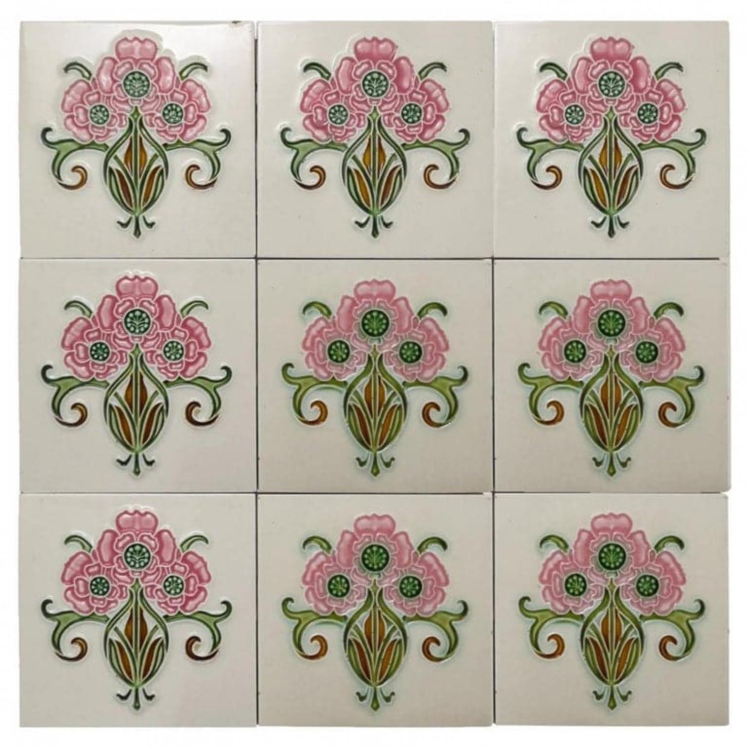 This is an amazing set of antique Art Nouveau handmade tiles. A beautiful relief and a rich rose green, brown and creme color. These tiles would be charming displayed on easels, framed or incorporated into a custom tile design.

Please note that the