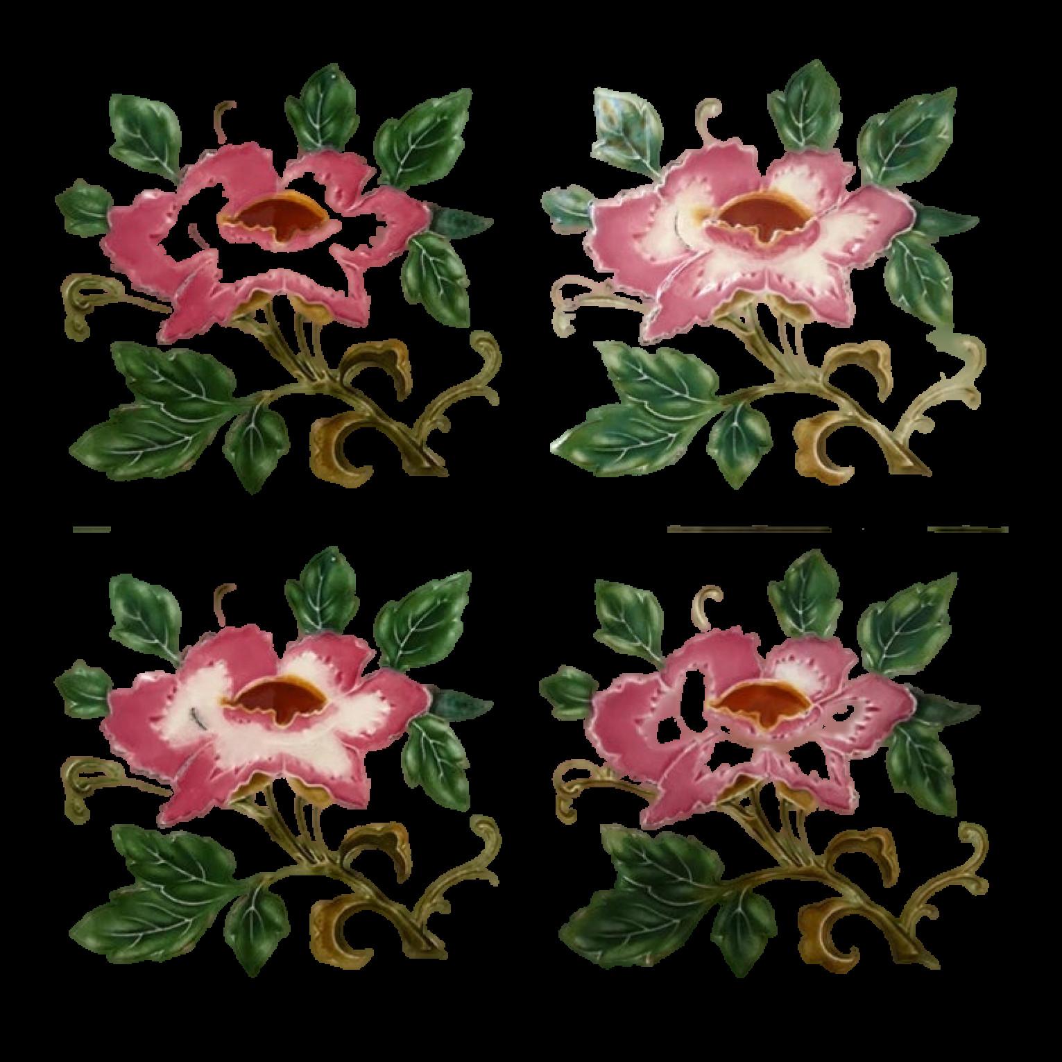 This is an amazing set of antique Art Nouveau handmade tiles with an image of pink rose in relief on a soft yellow background. These tiles would be charming displayed on easels, framed or incorporated into a custom tile design.

Please note that the