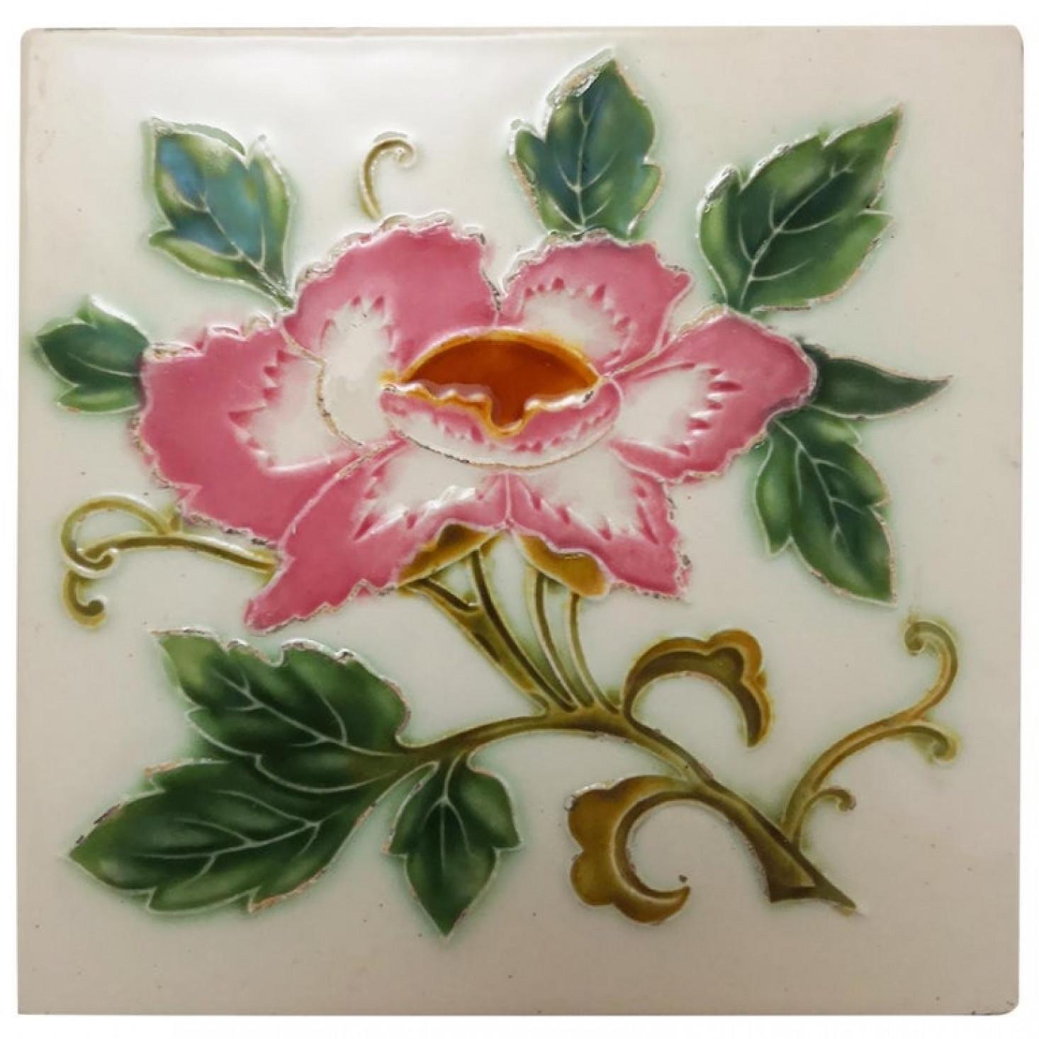 1 of the 35 Authentic Glazed Art Nouveau Relief Tiles Rose, Belga, circa 1930s In Good Condition For Sale In Rijssen, NL