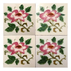 1 of the 35 Authentic Glazed Art Nouveau Relief Tiles Rose, Belga, circa 1930s