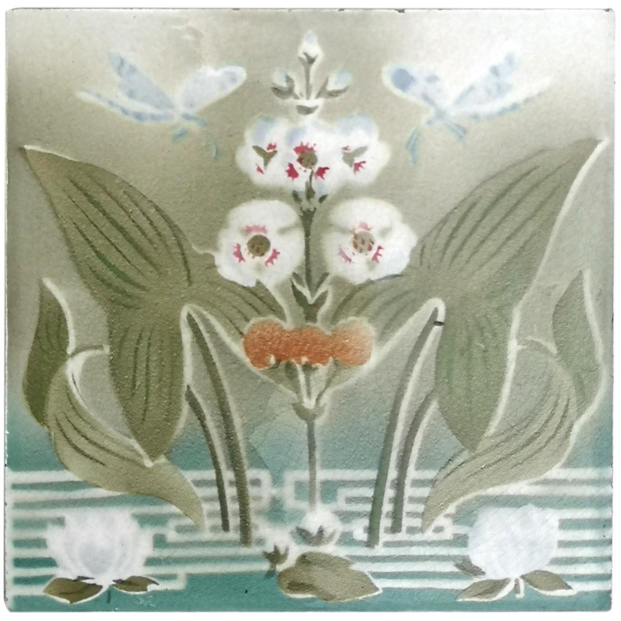 This is an amazing set of antique Jugendstil handmade tiles.
A beautiful scenery of water lilies, arrow weed and dragonflies. In soft green, soft blue, turquoise and white. These tiles would be charming displayed on easels, framed or incorporated