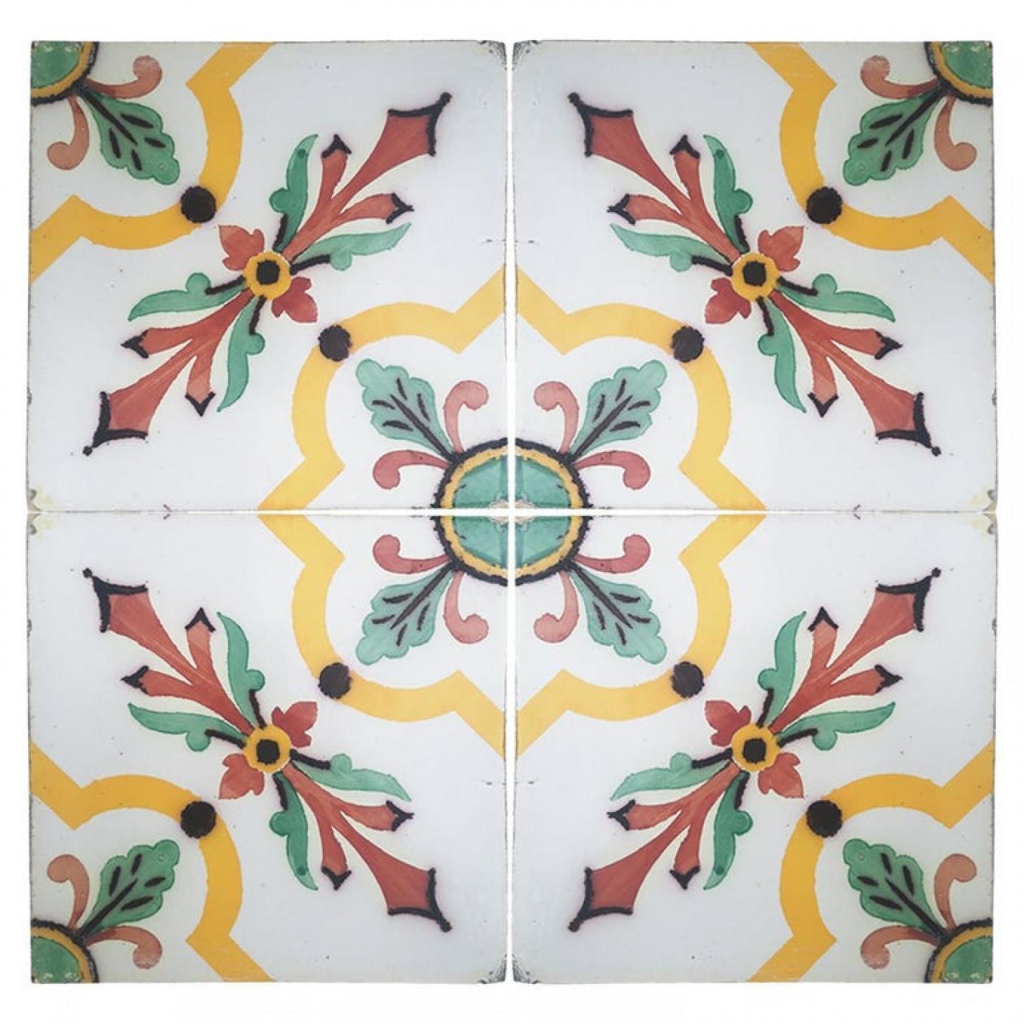 This is a large set of 350 antique French handmade ceramic tiles. Manufactured by Devres, circa 1920s. Colorful pattern in yellow, red and green. These tiles would be charming displayed on easels, framed or incorporated into a custom tile