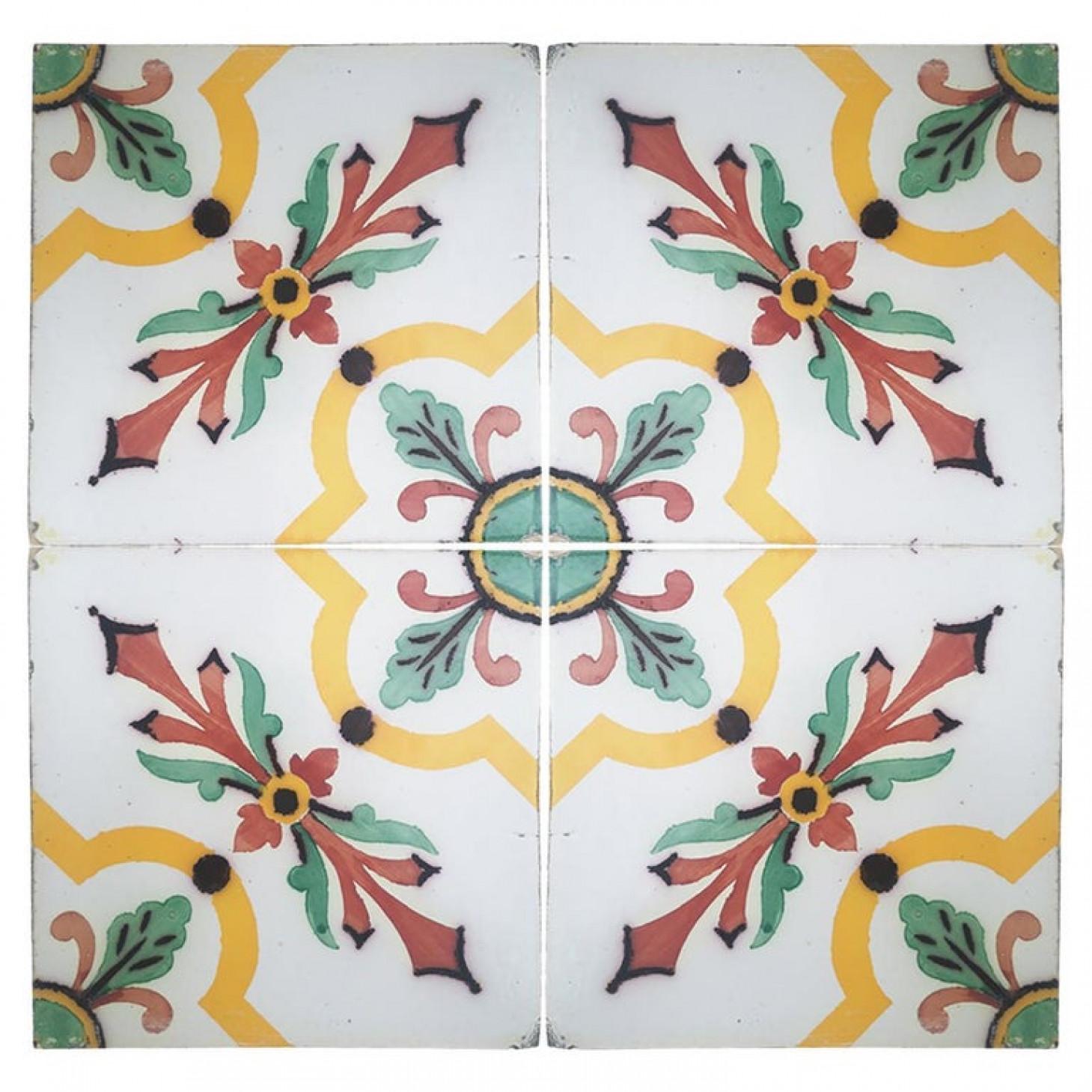 This is a large set of 350 antique French handmade ceramic tiles. Manufactured by Devres, circa 1920s. Colorful pattern in yellow, red and green. These tiles would be charming displayed on easels, framed or incorporated into a custom tile