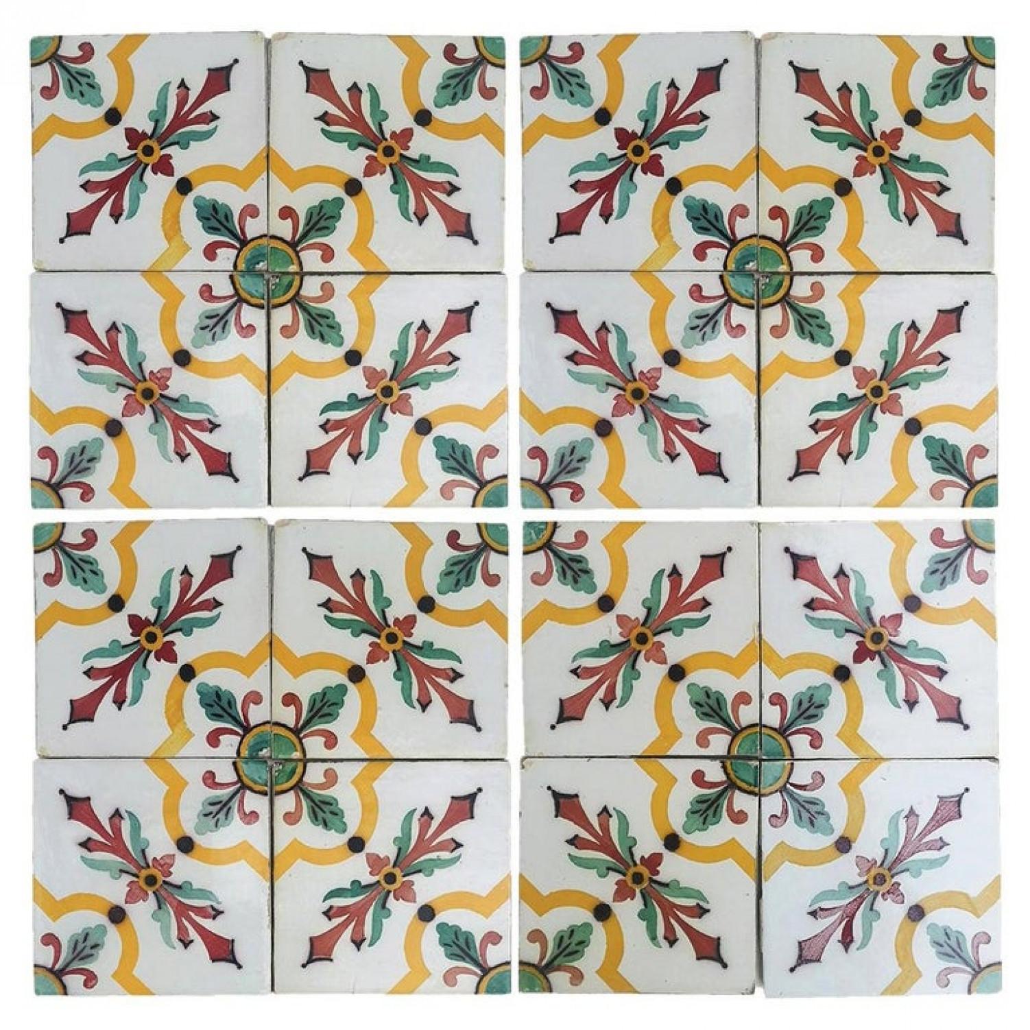 This is a large set of 350 antique French handmade ceramic tiles. Manufactured by Devres, circa 1920s. Colorful pattern in yellow, red and green. These tiles would be charming displayed on easels, framed or incorporated into a custom tile