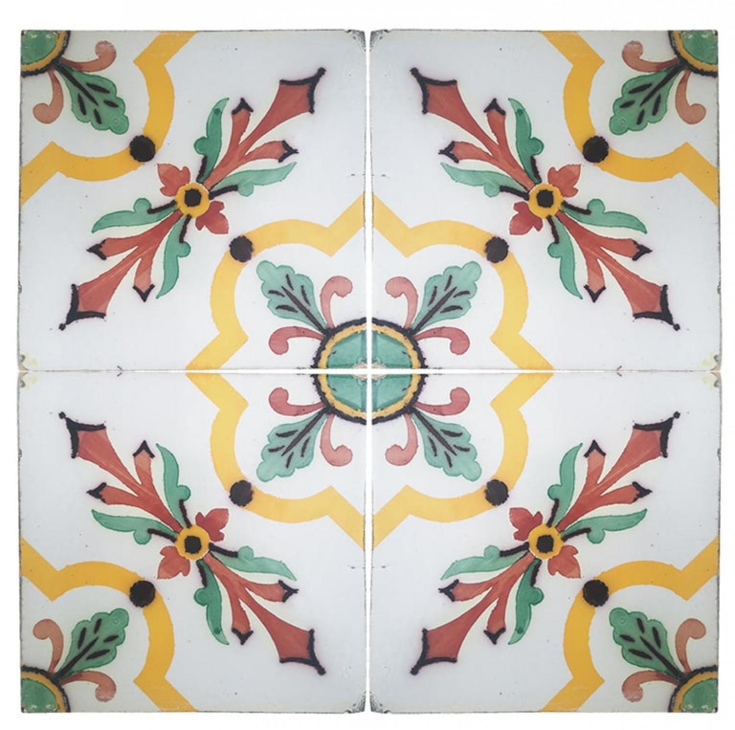 This is a large set of 350 antique French handmade ceramic tiles. Manufactured by Devres, circa 1920s. Colorful pattern in yellow, red and green. These tiles would be charming displayed on easels, framed or incorporated into a custom tile
