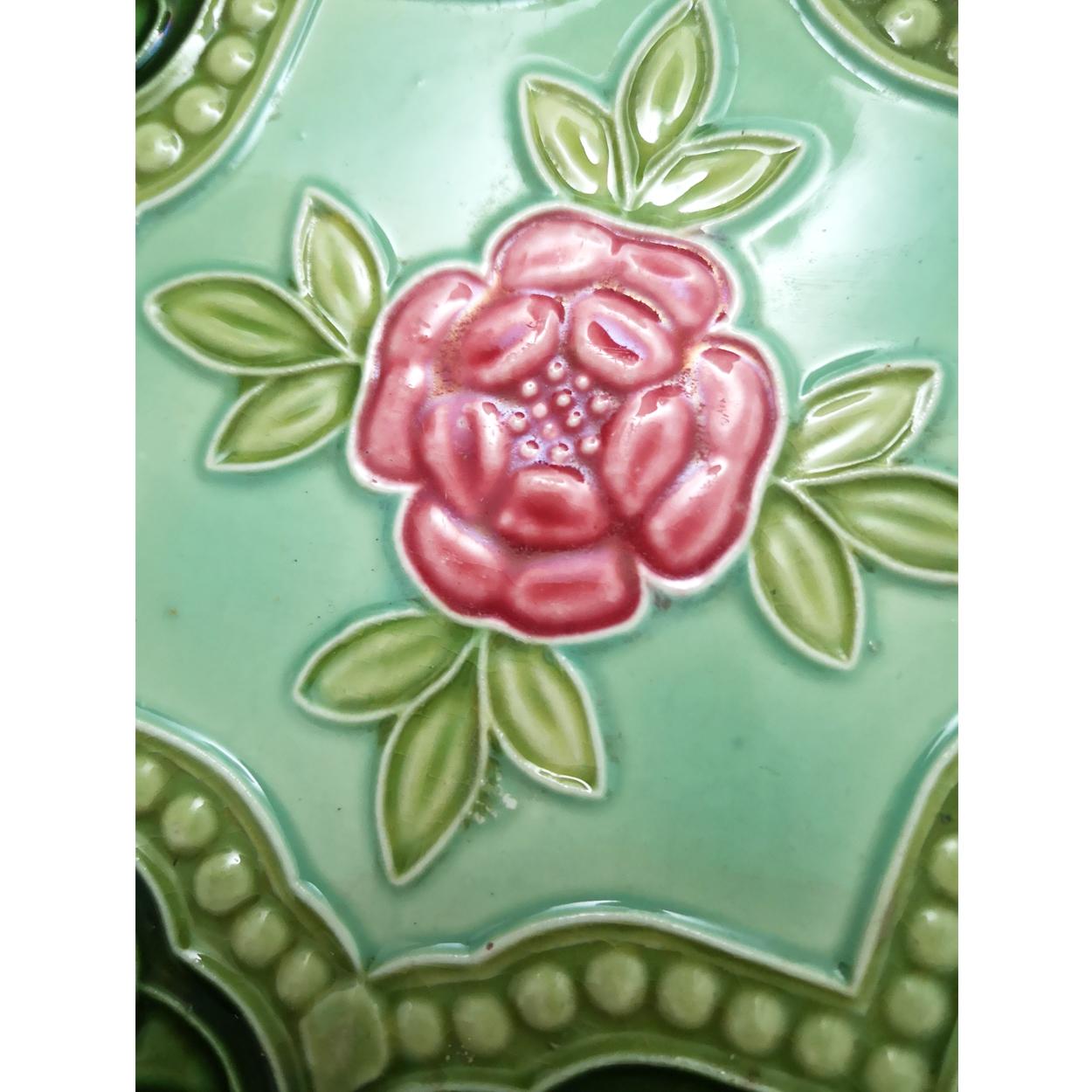 This is an amazing set of mixed authentic antique Jugendstil handmade tiles By S.A. Produits Ceramiques de la Dyle,1930.
 A beautiful relief and deep rich warm green, turquoise, and rose color. These tiles would be charming displayed on easels,