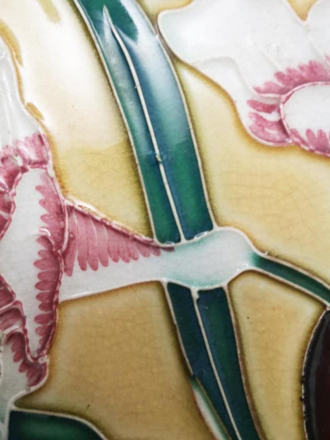 Art Nouveau 1 of the 38 Unique Antique Relief Tiles with Flower, France, circa 1900 For Sale